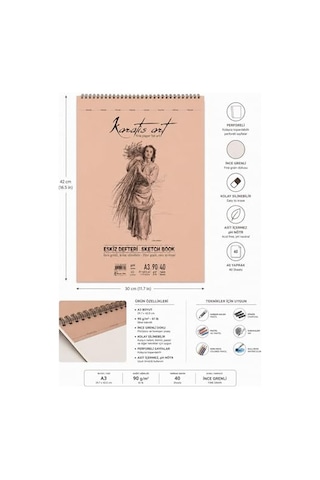 A3 Eskiz Defteri, 90 G/m² İnce Grenli Kağıt, 40 Yaprak Spiralli Sketchbook, Kurşun Kalem, Kömür Ve Pastel Çizimler İçin Uygun, Kolay Silinebilir, Perforeli Sayfalar, Profesyonel Ve Öğrenci Kullanımı İ