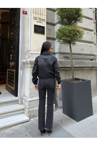 Out Of Standart Kadın Cropped Fermuar Detaylı Denim Ceket Siyah