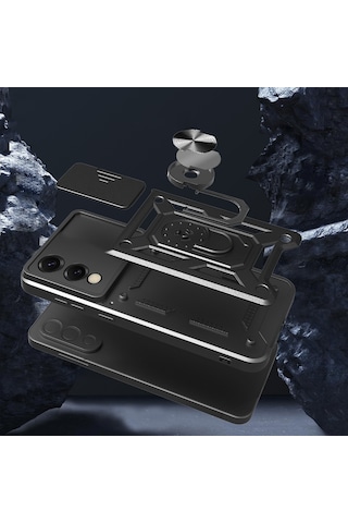 Zore Galaxy Uyumlu S25 Edge Kılıf Magnetik Standlı Kamera Korumalı Sys Sürgülü Vega Kapak - Mavi