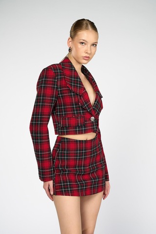 Kadın Kırmızı Ekoseli Crop Blazer Kırmızı