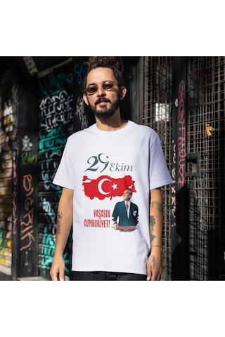 Alpşan Ticaret 29 Ekim Cumhuriyet Bayramı Atatürk İmzalı Türk Bayrağı Baskılı Unisex Çocuk Kadın Erkek Tişört Beyaz