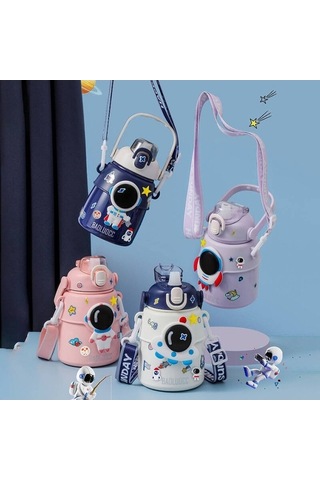 Maoyaya 850ml Astronot Karikatür Paslanmaz Çelik Taşınabilir Kayışlı Çocuk Su Şişesi Izoleli Beyaz Beyaz