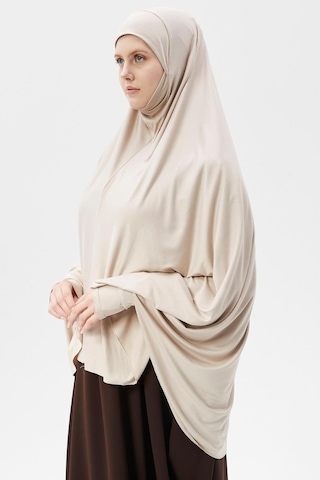 Altobeh Kollu Sufle Çarşaf Üstü Peçeli Pratik Tesettür Hijab - Nikaplı Namaz Örtüsü Koyu Krem