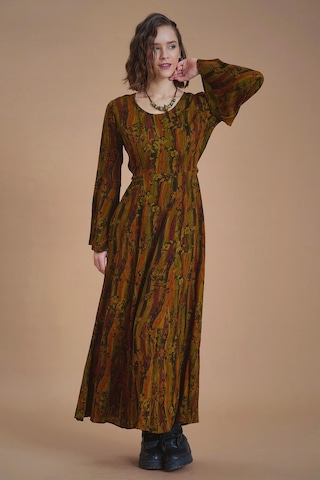 Desenli Kayık Yaka Belden Bağlamalı Haki İspanyol Kol Kadın Elbise Desenli