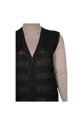 Hesna Kadın Gökçe Triko Ajurlu Boncuklu Cepli Siyah Yelek Siyah