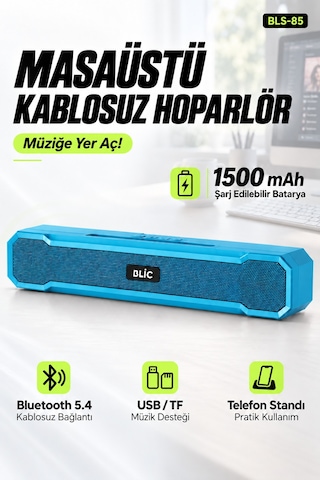 Blic Bls-85 Bluetooth 5.4 Masaüstü Soundbar Hoparlör Mavi, Telefon Standlı, 1500 Mah Şarjlı, Usb Ve