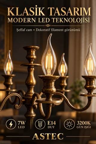 Astec E14 Filament Buji Ampul 7 Watt 3200k Gün Işığı Dekoratif Filament Led