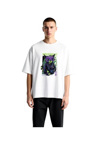 Paybuy Erkek Oversize Tişört Kaykay Kedi Baskılı Bağımsızlık Teması Raha Beyaz