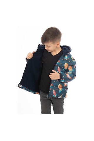 Erkek Çocuk Içi Polarlı Kapüşonlu Roket Desenli Kışlık Şişme Mont Lacivert