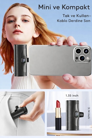 Direkt Telefona Takılan Mini Powerbank 5000 Mah Type-c Girişli Tüm Cihazlarla Uyumlu, Led Ekranlı, Standlı 5000 Mah