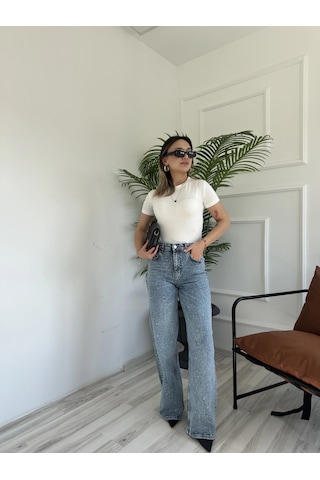 Keymoda Kadın Wide Leg Taşlı Jean Mavi