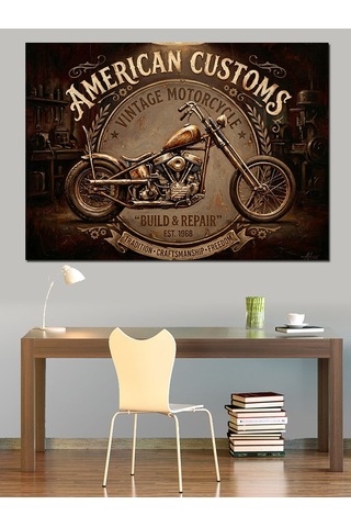 American Customs Motosiklet Vintage Tabela Dekoratif Kanvas - Mdf Ahşap Tablo