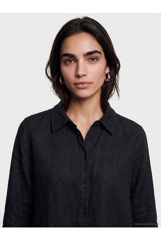 Lcw Vision Siyah Oversize Kadın %100 Keten Gömlek