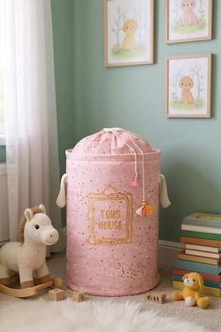 2 Adet Baby Yuvarlak Torbalı Sepet/oyuncak Sepeti/kirli Çamaşır Pembe