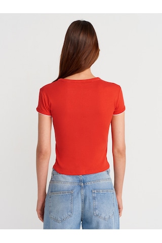 Dilvin 31750 Kontrast Kısa Kollu Tshirt-kırmızı Kirmizi