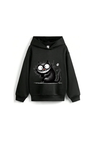 Stil X Sevimli Kediler Baskılı Kapüşonlu Çocuk Sweatshırt Siyah