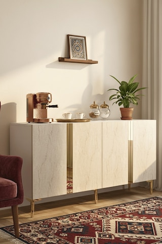 Ka1598btg Anka150 Konsol, Kahve Köşesi, Tv Sehpası Ve Dolap Beyaz - Traverten - Gold 150cm
