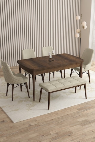 Loft Barok Desen 80x132 Açılabilir Mdf Masa Yemek Odası Takımı, Mutfak Takımı 4 Sandalye, 1 Bench Krem
