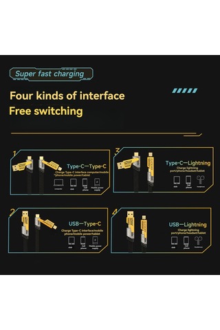 Mufunye 65w Metal Dörtlü Hızlı Şarj Kablosu - Nilon Örgü, Ios/type-c Uyumlu, Araçta Kullanım, 1 Metre Kutulu 65w+12w