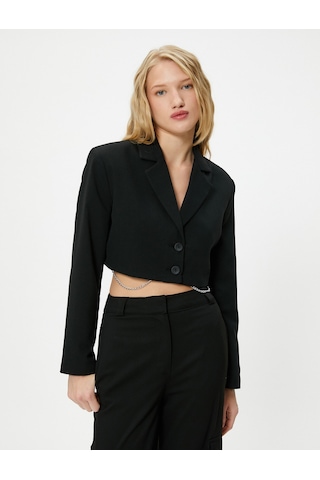 Koton Crop Ceket Ters Kruvaze Yaka Düğme Kapamalı Slim Fit Zincir Detaylı Siyah 4wal50007ıw 4WAL50007IW999 Siyah