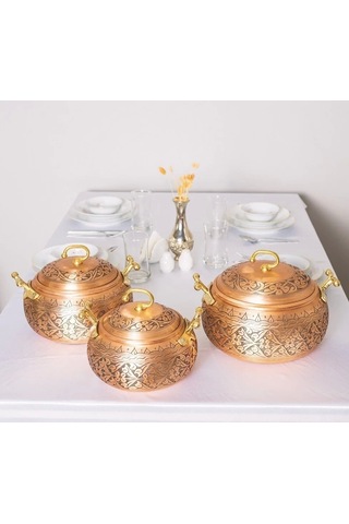 Bakır Tencere Seti Ağır İşlemeli Tombul Model Mat Bakır Renk