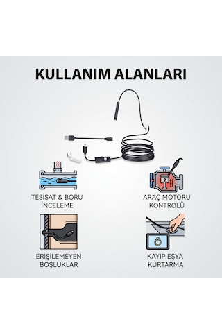 Yılan Kamera 5 Metre - Led Işıklı - Ip67 Su Geçirmez - 3 Farklı Başlıklı