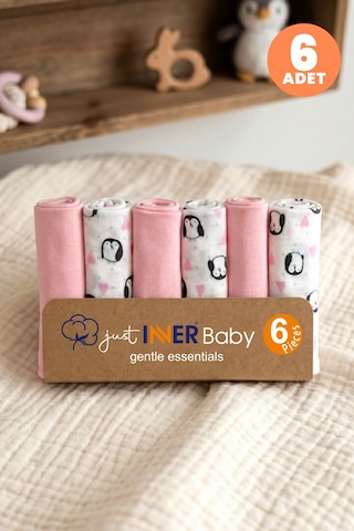 Just Inner Kız Bebek 6'lı Pamuklu Ağız Mendili Penguen Desenli Kutulu Set Nefes Alan Doku 684201 Renkli