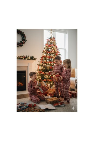 Hvç Hvc Çocuk Noel Yılbaşı Pijama Takımı Unisex Kırmızı / Yılbaşı Desenli