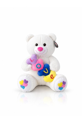 Renkli Kalpli Ayıcık Peluş Oyuncak Ayıcık 60cm - Hediyelik Peluş Oyuncak 001 - Beyaz