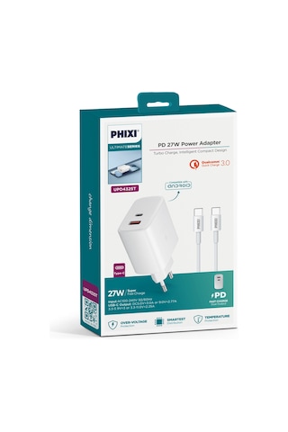 Phixi Ultimate Upd4325t 27w Pd Çift Çıkışlı Type-c Hızlı Şarj Cihazı