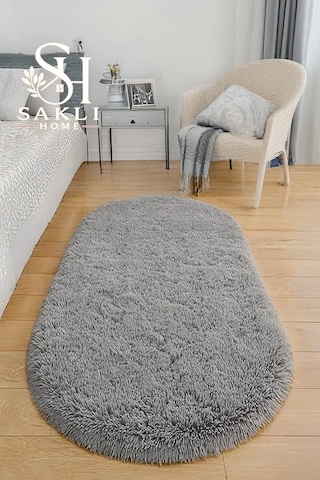 Gri Oval Post Halı Peluş Yumuşak Kaymaz Dot Taban Makinada Yıkanabilir Yolluk Gri