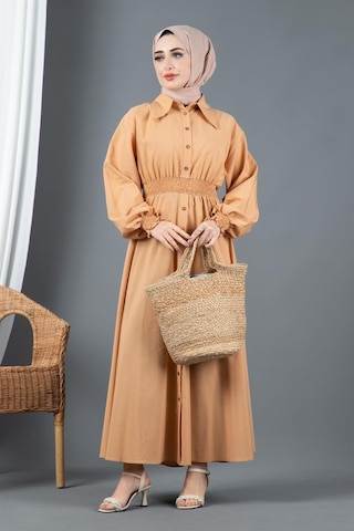 Sevitli Kemer Detaylı Elinna Elbise-camel-1568-camel Camel