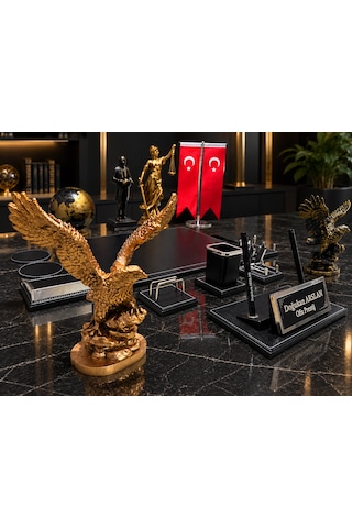 18 Parça Lüks Kartallı Sümen Takımı Atatürk Adalet Heykelli İsimlikli Ofis Masa Seti Ürün Adını Kopyala Gold - Siyah