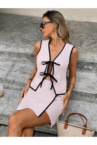 Etiler Collection Kadın Askılı Önü Bağcıklı Bluz Ve Etek Ikili Takım Pembe