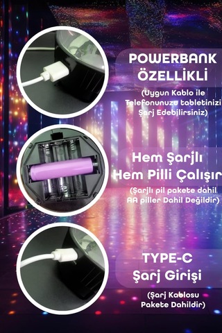 Şarjlı Rgb Projeksiyon Gökyüzü Gece Lambası Kamp Feneri Işıldak Powerbank Özellikli Pilli M001 Renkli