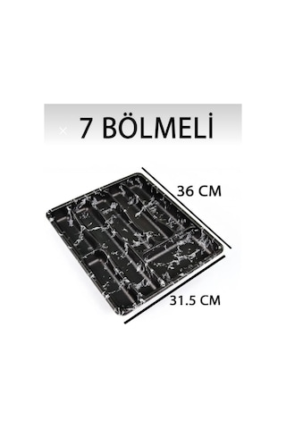 7 Bölmeli Çekmece İçi Kaşıklık Organizer Sert Plastik Mermer Desenli Kaşık Çatal Bıçak Düzenleyici 36x31,5 Cm Mutfak İçi Düzenleyici Siyah