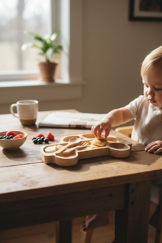 Araba Figürlü Bambu Bebek Mama Seti Bölmeli Tabak + Kaşık Çatal Seti Bej