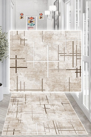 Dijital Baskılı Dekoratif Kaymaz Taban Yıkanabilir Kilim Yolluk Antre Hol Halısı Salon Halısı Bej