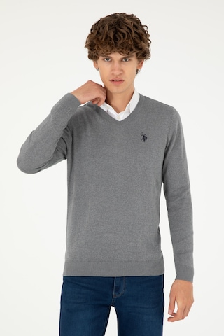 U.S. Polo Assn. Erkek Slim Fit V Yaka Gri Melanj Basic Kazak 50293512-VR086
