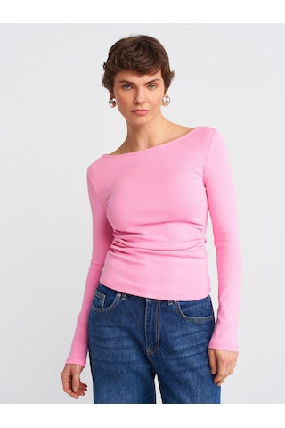 Dilvin 31401 Büzgülü Kayık Yaka Top-pembe Pembe