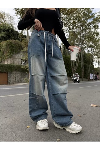Paradise Venedik Bağcıklı Oversize Cargo Jean - Vintage Mavi Çok Renkli