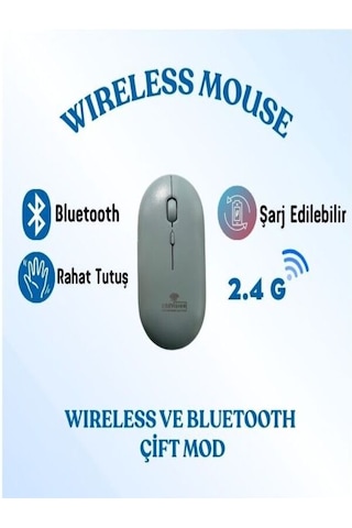 Şarj Edilebilir Kablosuz Mouse Bluetooth + 2.4g Çift Mod -
