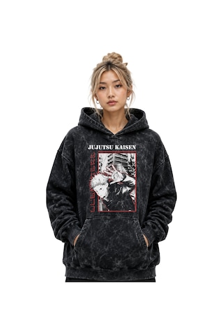 Sevbano Jujutsu Kaisen Itadori Yuji Anime Baskılı Unisex Oversize Yıkamal Siyah