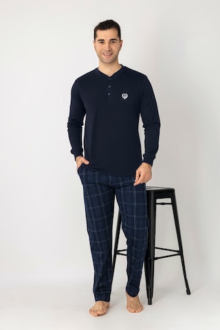 Estiva Erkek Kareli Alt Desenli Lacivert Uzun Kollu Patlı Penye Pijama Takımı Çok renkli