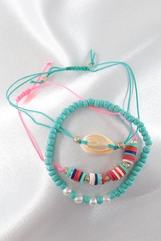 3lü Deniz Kabuğu İncili Boncuklu Asansörlü Lastikli İp Bileklik. Kadın İp Bileklik Halhal Çok Renkli