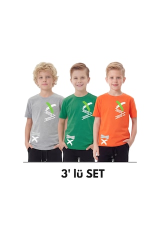 Fyk Kids 3'lü White Yazı Baskılı Yuvarlak Yaka Kısa Kollu Erkek Çocuk Yazlık Tişört Gri - Turuncu