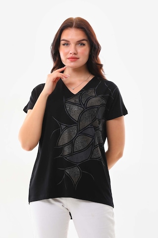 Sistas Kadın Simli Baskılı V Yaka Kısa Kol Bluz 23296 Siyah