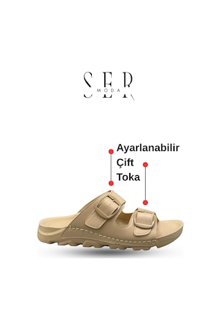 Sermoda Kadın Terlik Esnek Anatomik Tabanlı Ayarlanabilir Çift Tokalı Kadın Terlik Krem