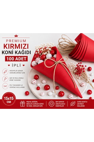 Premium Kırmızı Koni Kağıdı 100 Adet İpli Hediyelik İkram Ve Şeker Sunum Külahı