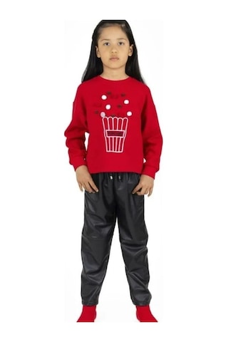 Kız Çocuk Popcorn Baskılı Sweatshirt-13493 Kırmızı